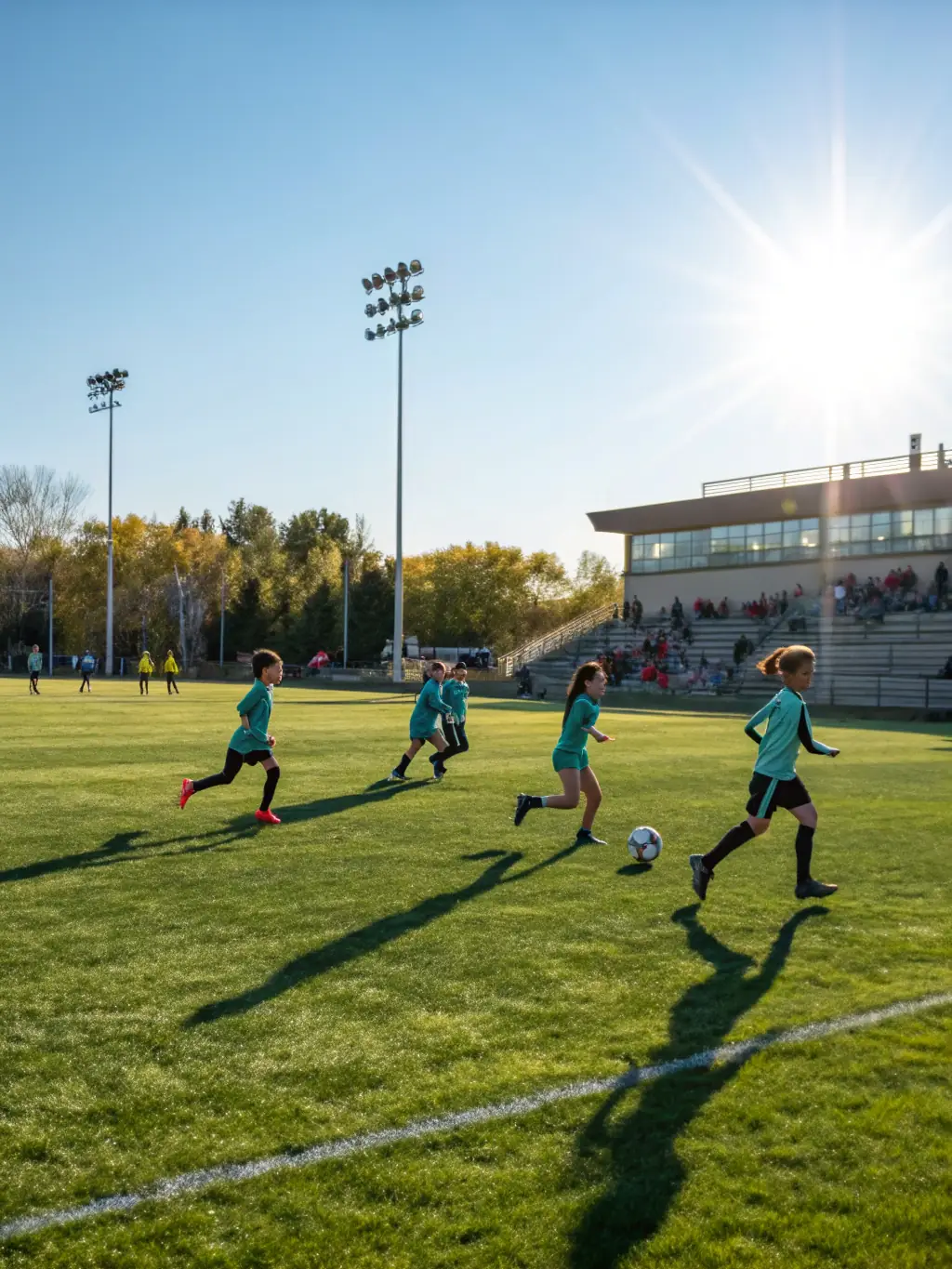 Students playing football on the school field, demonstrating teamwork and passion for the sport.