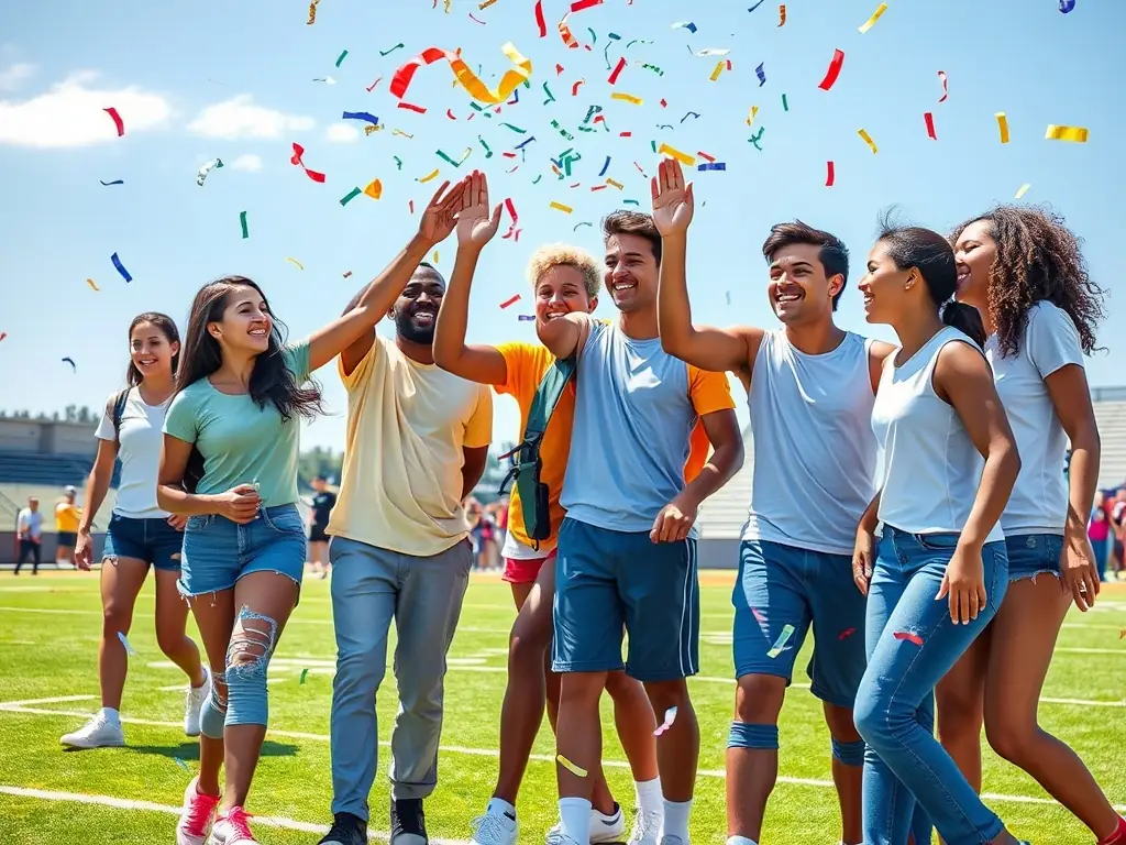Students celebrating a victory after a track and field event, showcasing the excitement and rewards of competitive sports.