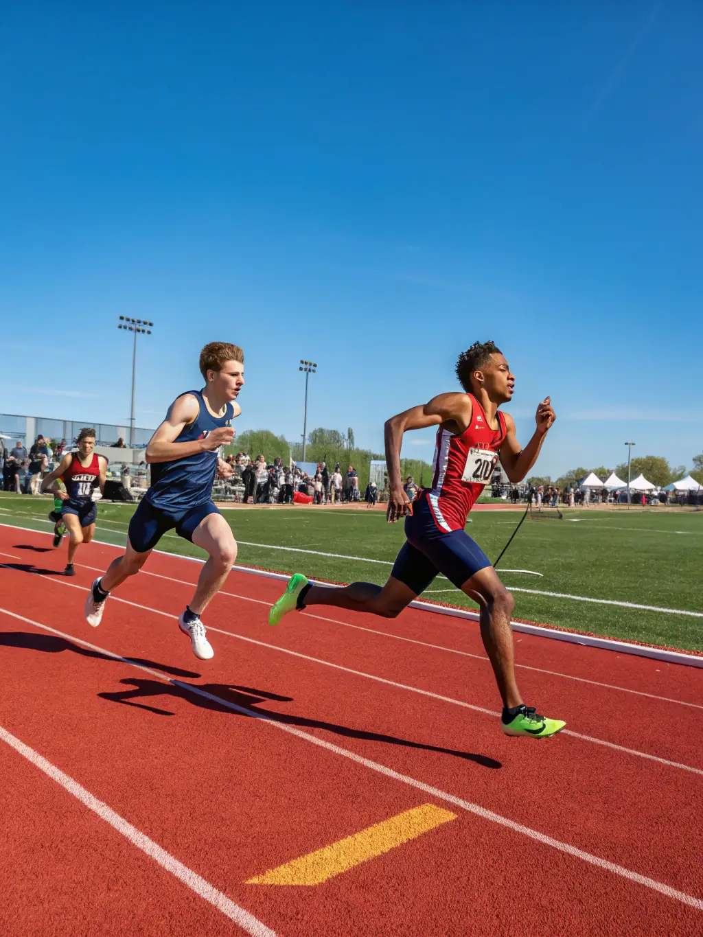 Students running track and field during an athletics event, emphasizing speed, endurance, and sportsmanship.
