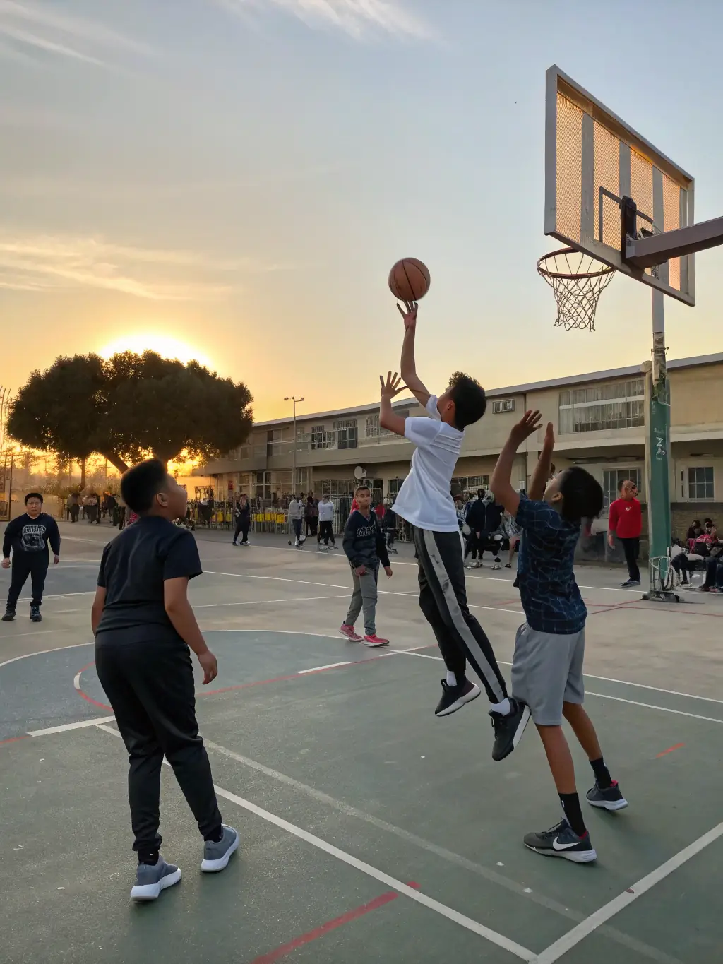 Action shot of students playing basketball in the school gymnasium, showcasing teamwork and athletic skill.